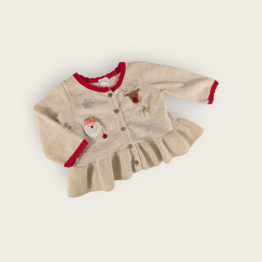 Mud Pie Baby Girls Christmas Cardigan Sweater Santa Reindeer Ruffle Cream 9-12M